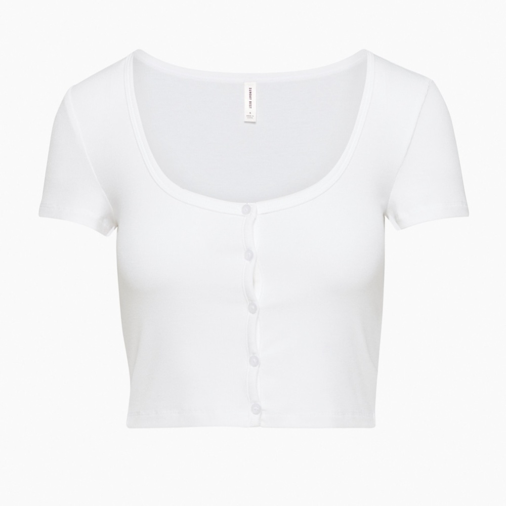 Sunday Best Holly Top, button up, scoop neck, super soft, white crop tee